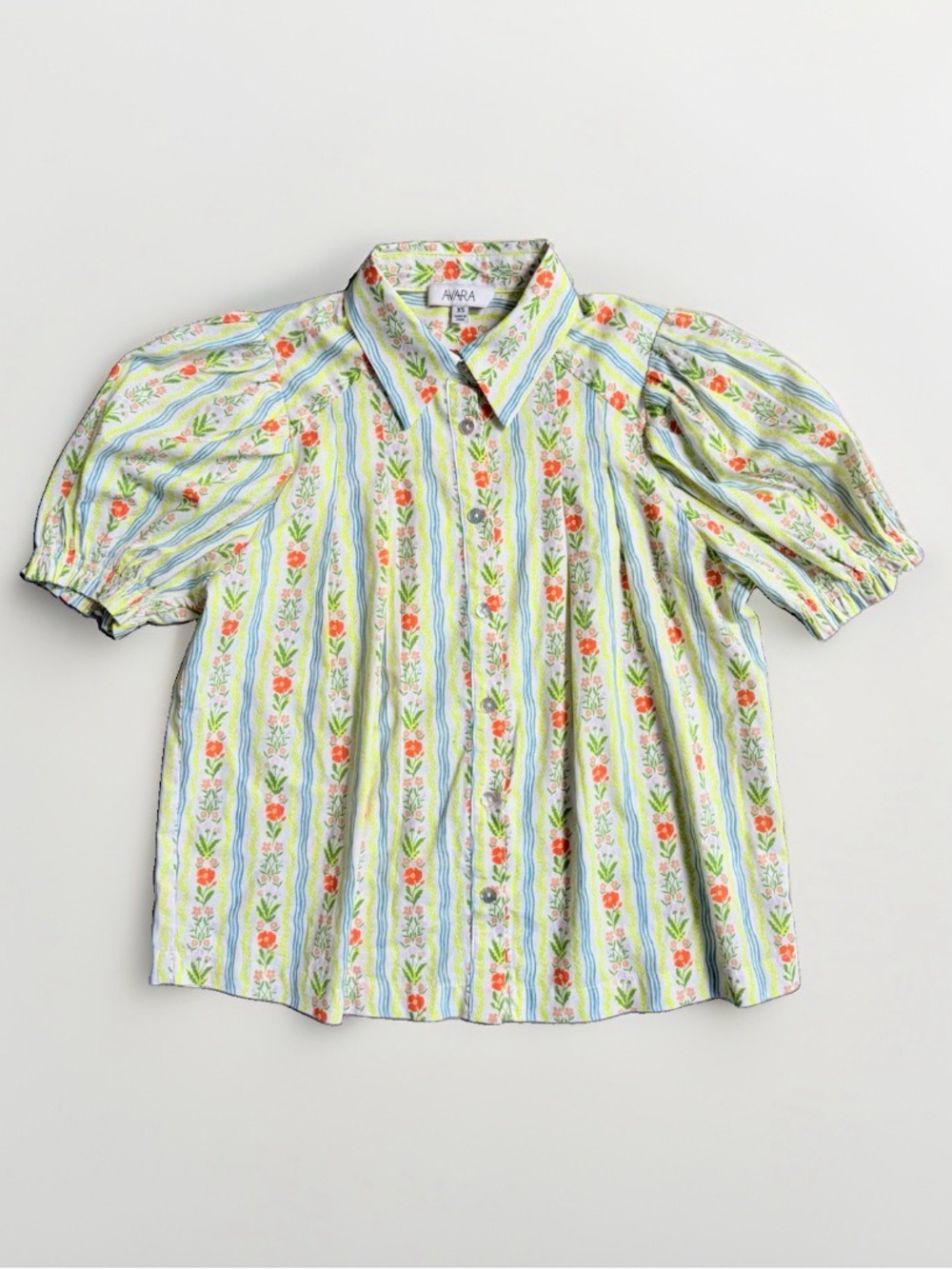 AVARA Floral Stripe Short Sleeve Puff Top Women’s XS Cotton Button Front Pleated